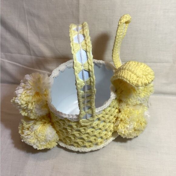 Bunny Easter Basket Handmade Yellow & White Yarn Crochet with Pom Poms - Picture 5 of 12